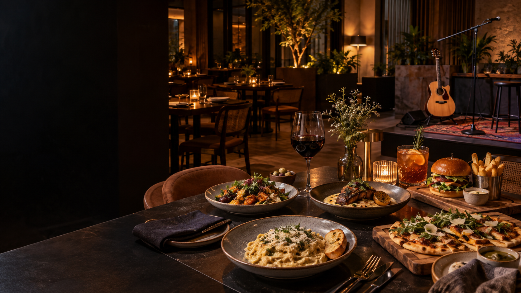 Concept image of a warm restaurant table near a live music stage